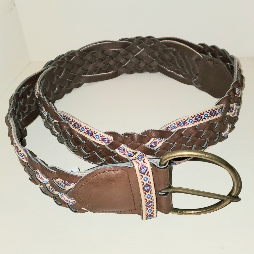 Vintage Brown Vegan Braided Belt Woven Faux Leather Embroidered Trim Hippie 2" W - Picture 3 of 9